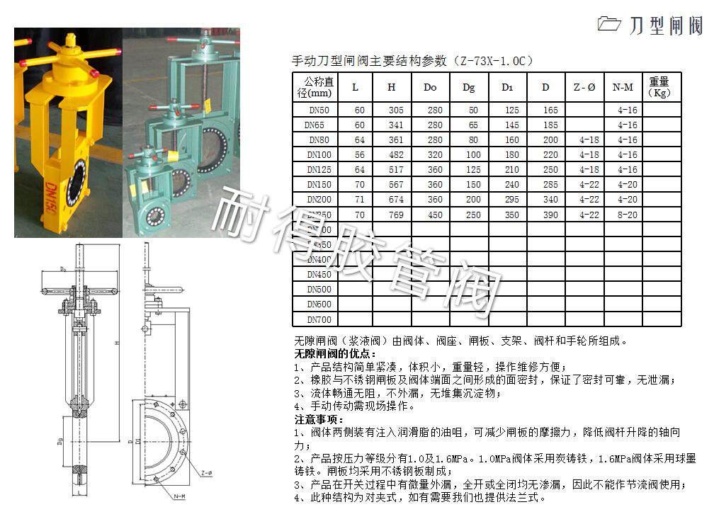 手動刀型閘閥產品參數